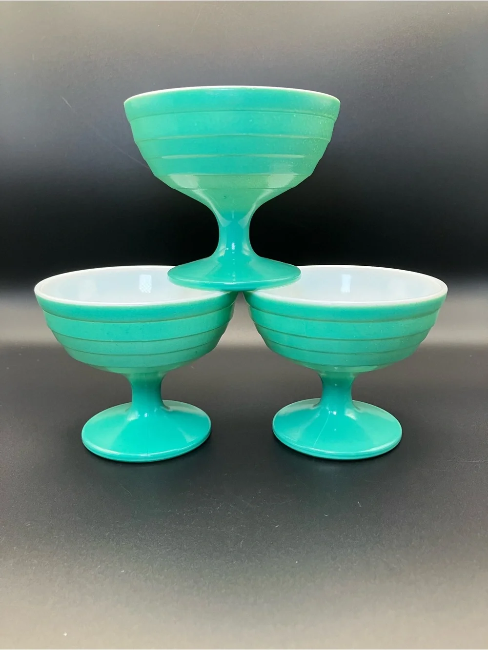 Hazel Atlas Moderntone Platonite Turquoise Pedestal Dessert Cups - Set of 3